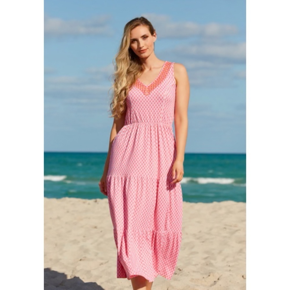 Cabana Life Pink Boca Raton Sleeveless Tiered Maxi Dress UPF 50 Size Large